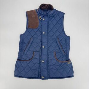 Polo Ralph Lauren Quilted Hunting Vest Navy Blue Brown Trim Buttons Women Medium